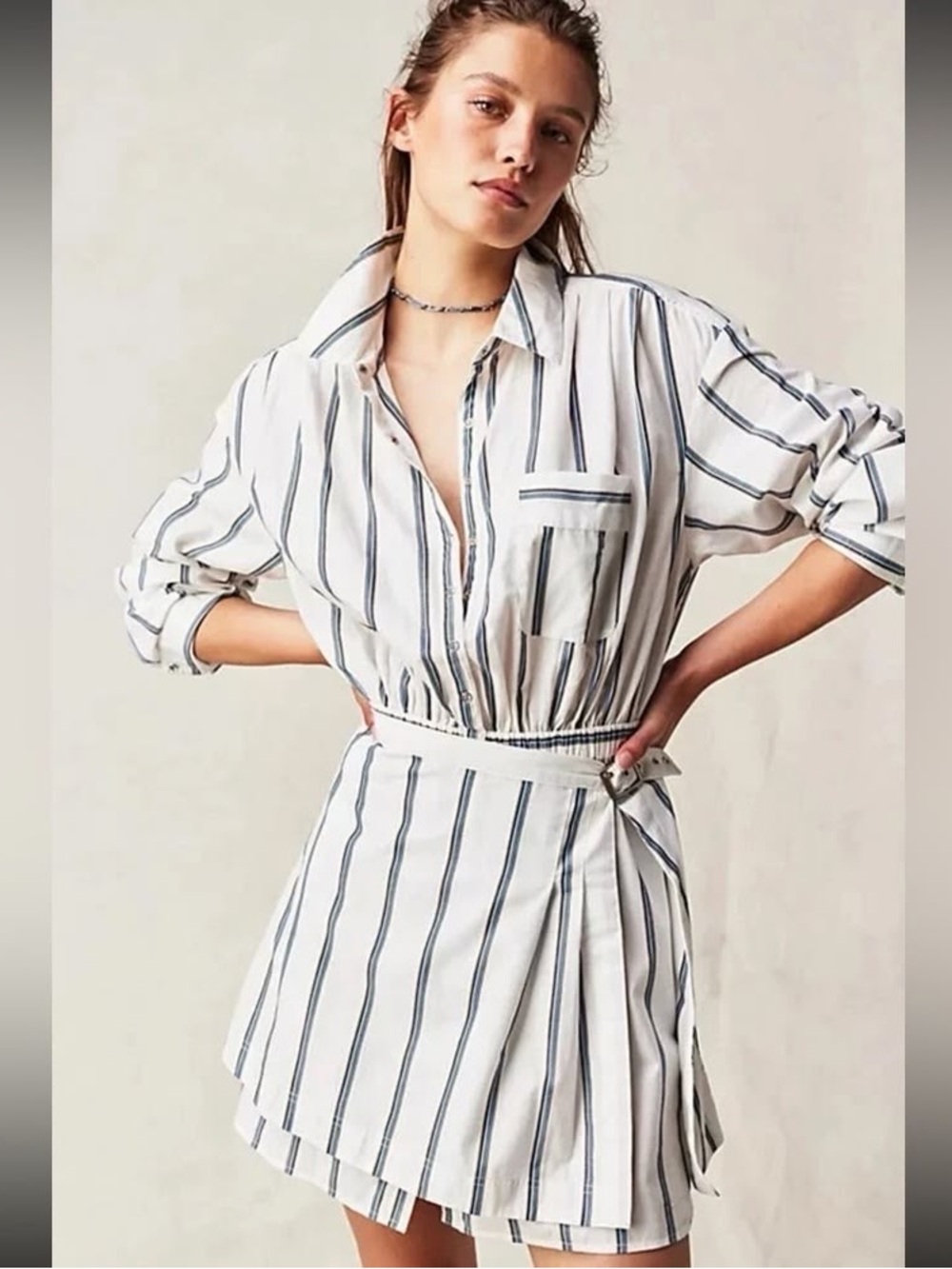 Free People High Vibrations White and Blue Stripe Belted Shirt Dress